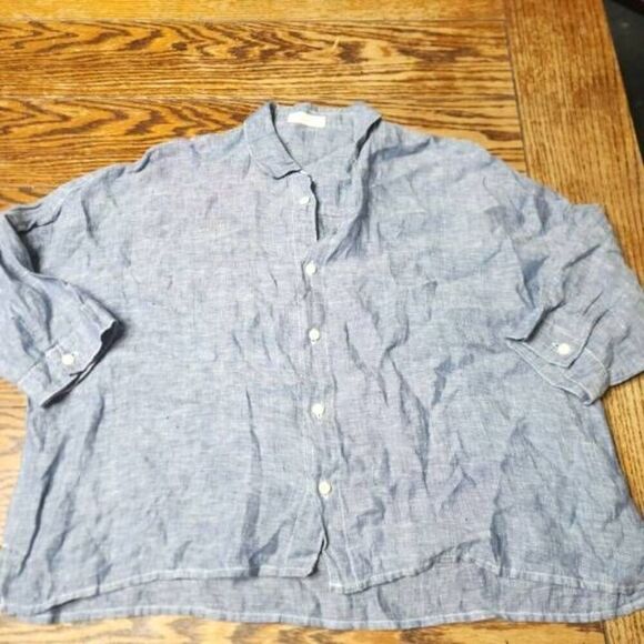 CP Shades blue linen Boxy Crop button down shirt sz Small - Picture 1 of 5